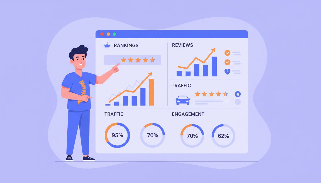 Analytics dashboard showing EEAT improvement metrics for chiropractic practice