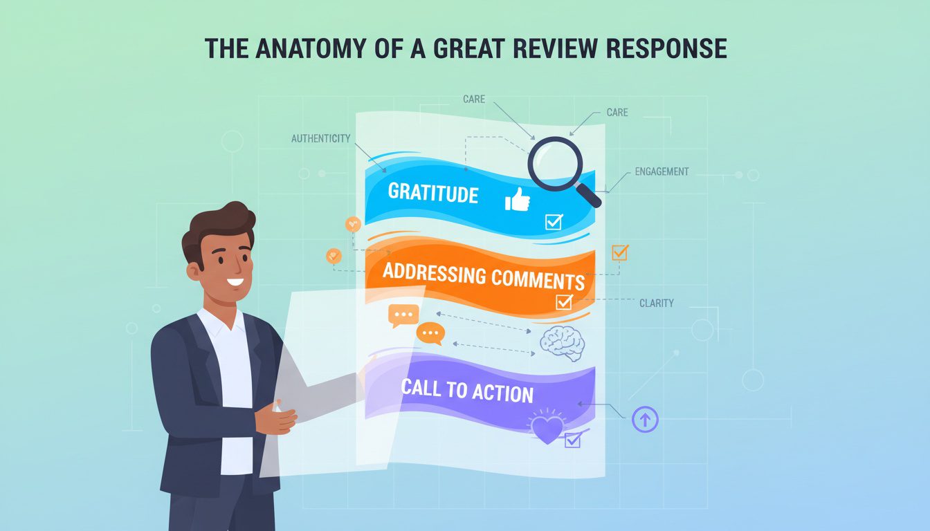 Anatomy of an effective chiropractic review response showing key components and structure