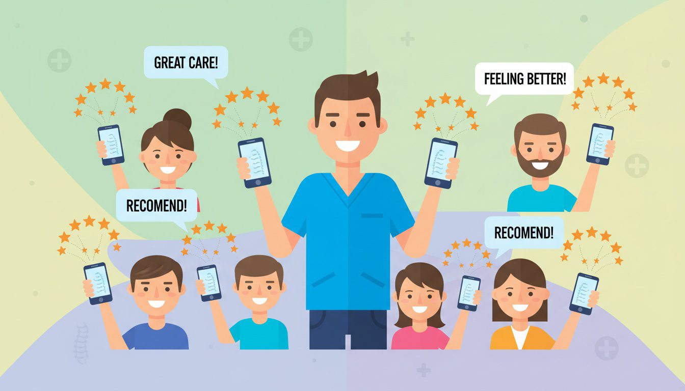 Chiropractic patients leaving Google reviews with five star ratings on mobile phones