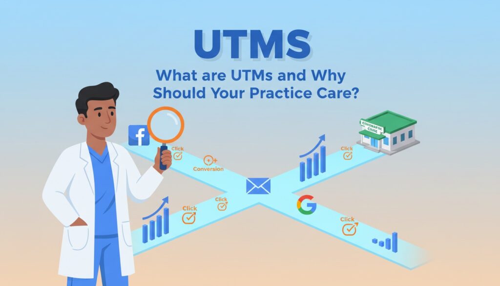 Chiropractor analyzing digital marketing channels with UTM tracking data visualization