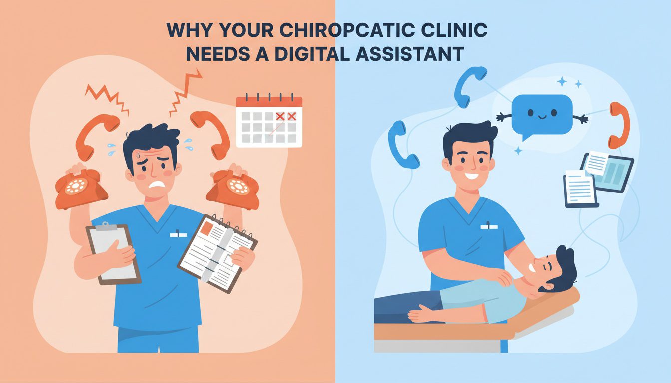 Chiropractor comparing overwhelmed workflow to streamlined practice with AI chatbot assistant