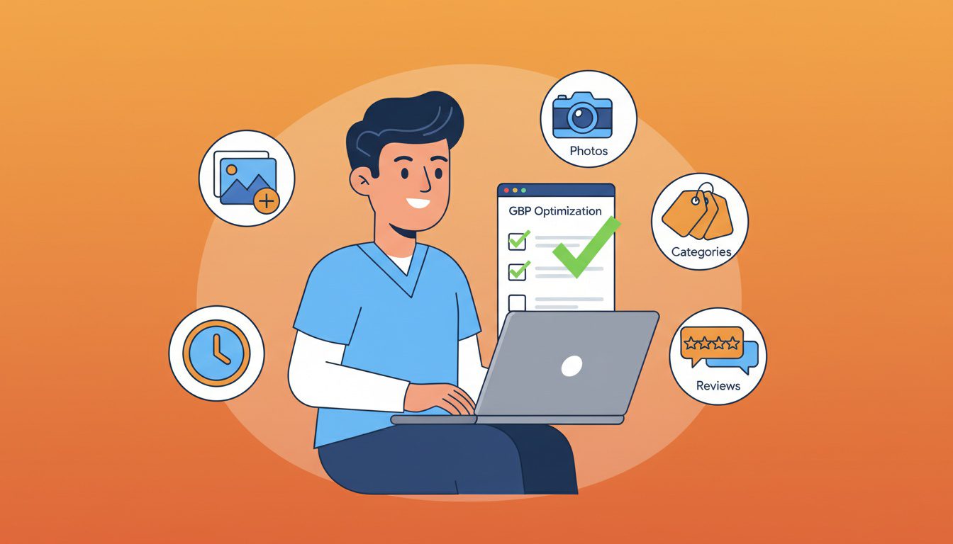 Chiropractor completing Google Business Profile optimization checklist on laptop