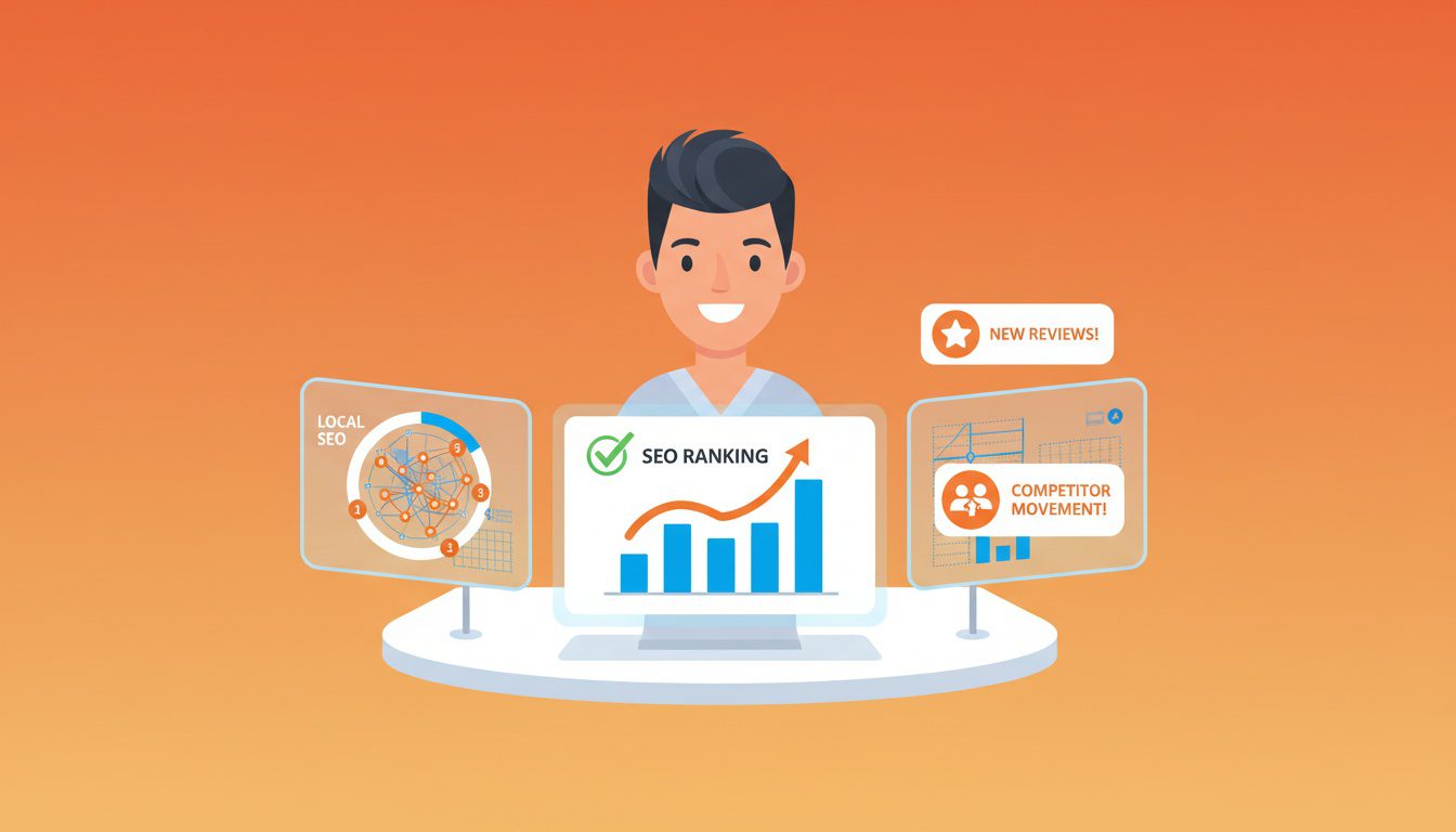 Chiropractor monitoring local search rankings and analytics with geo grid map display