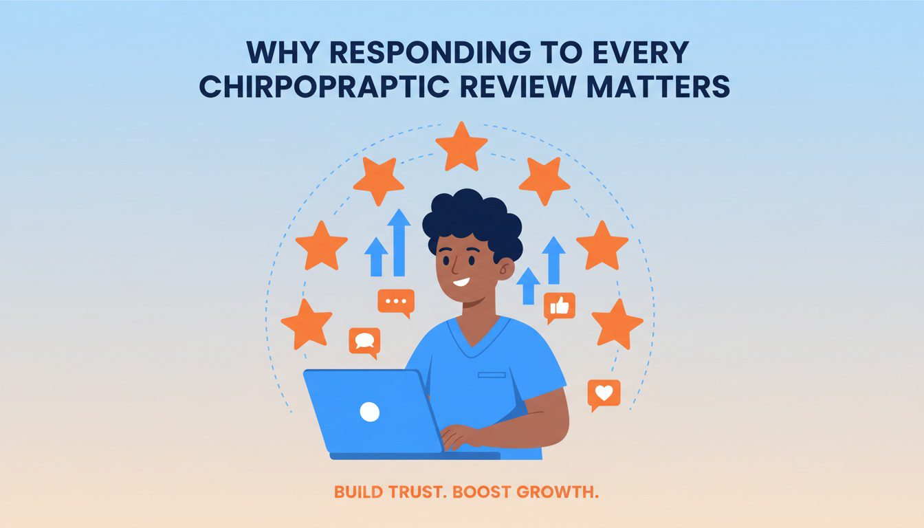 Chiropractor responding to online reviews with growth indicators and patient engagement icons