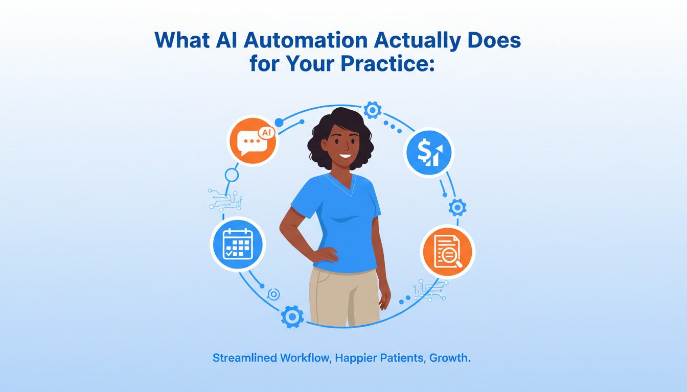 Chiropractor surrounded by automated workflow icons showing AI automation benefits for practice management