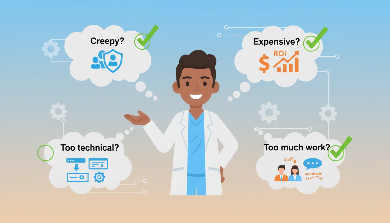 Common concerns about AI website personalization for chiropractors addressed including privacy cost technical difficulty and staff workload Common concerns about AI website personalization for chiropractors addressed including privacy cost technical difficulty and staff workload