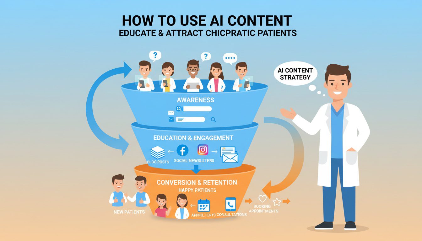 Content marketing funnel showing how AI-generated educational content attracts chiropractic patients