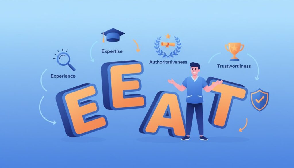 EEAT framework breakdown with experience expertise authoritativeness trustworthiness icons for chiropractors
