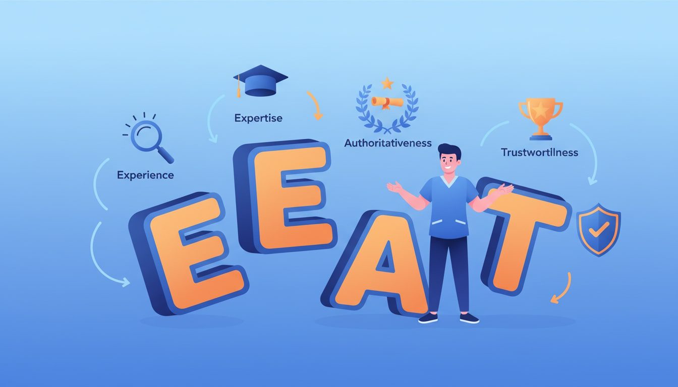 EEAT framework breakdown with experience expertise authoritativeness trustworthiness icons for chiropractors