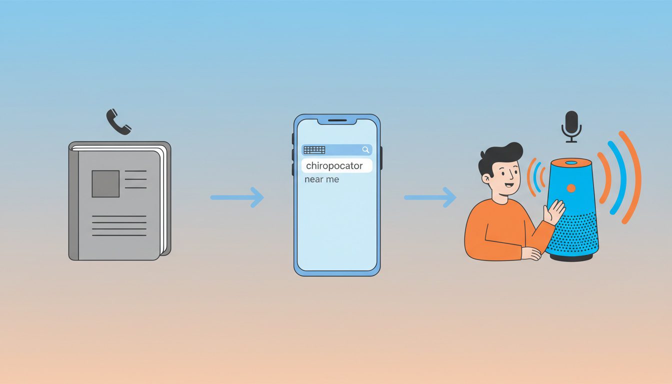 Evolution from phone books to voice search for finding chiropractors showing three stages of patient search behavior