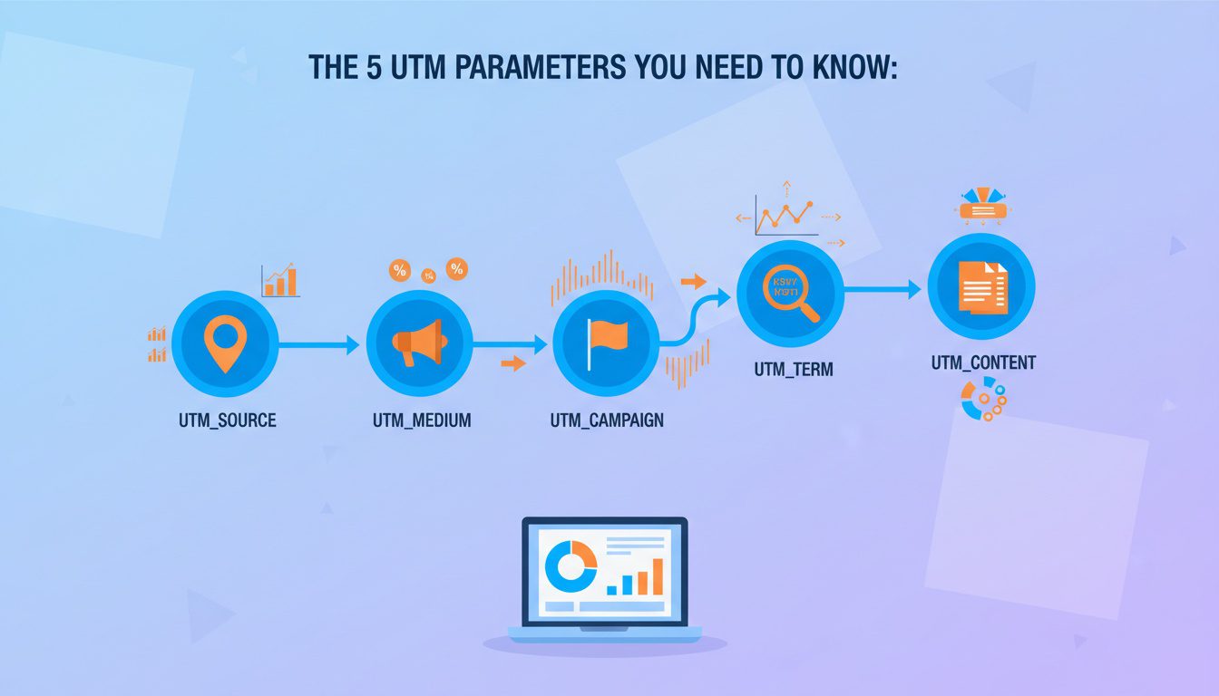 Five UTM tracking parameters infographic showing source medium campaign term and content for chiropractors
