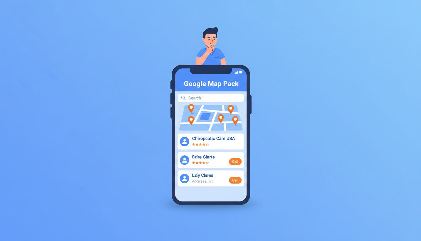 Google Map Pack display on smartphone showing three local business listings with map pins