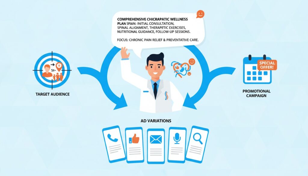 Strategic workflow for creating effective AI generated chiropractic ad copy with detailed prompts