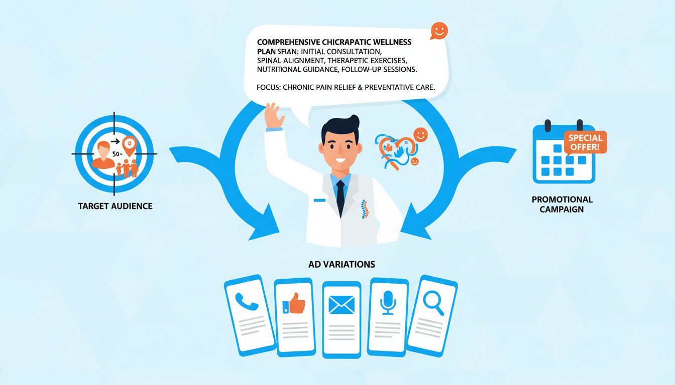 Strategic workflow for creating effective AI generated chiropractic ad copy with detailed prompts