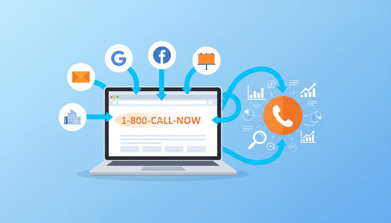 call tracking technology diagram showing marketing channels connecting to dynamic phone numbers and analytics