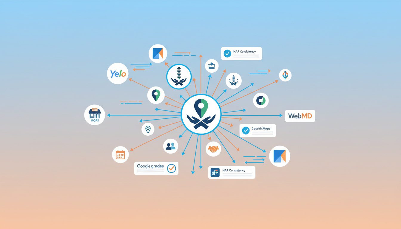 chiropractic citation building network showing local directories connected to multiple practice locations