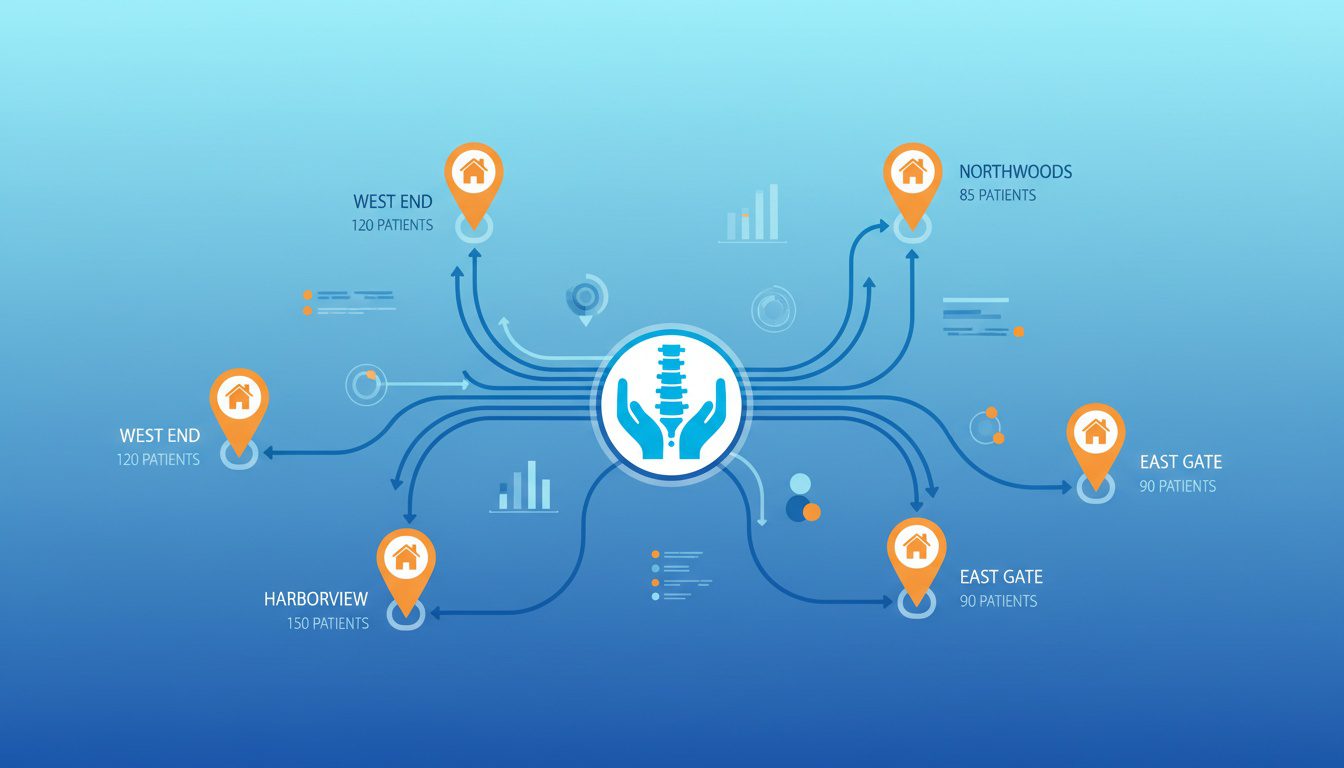 chiropractic multi location SEO strategy showing patient flow from different neighborhoods to practice locations