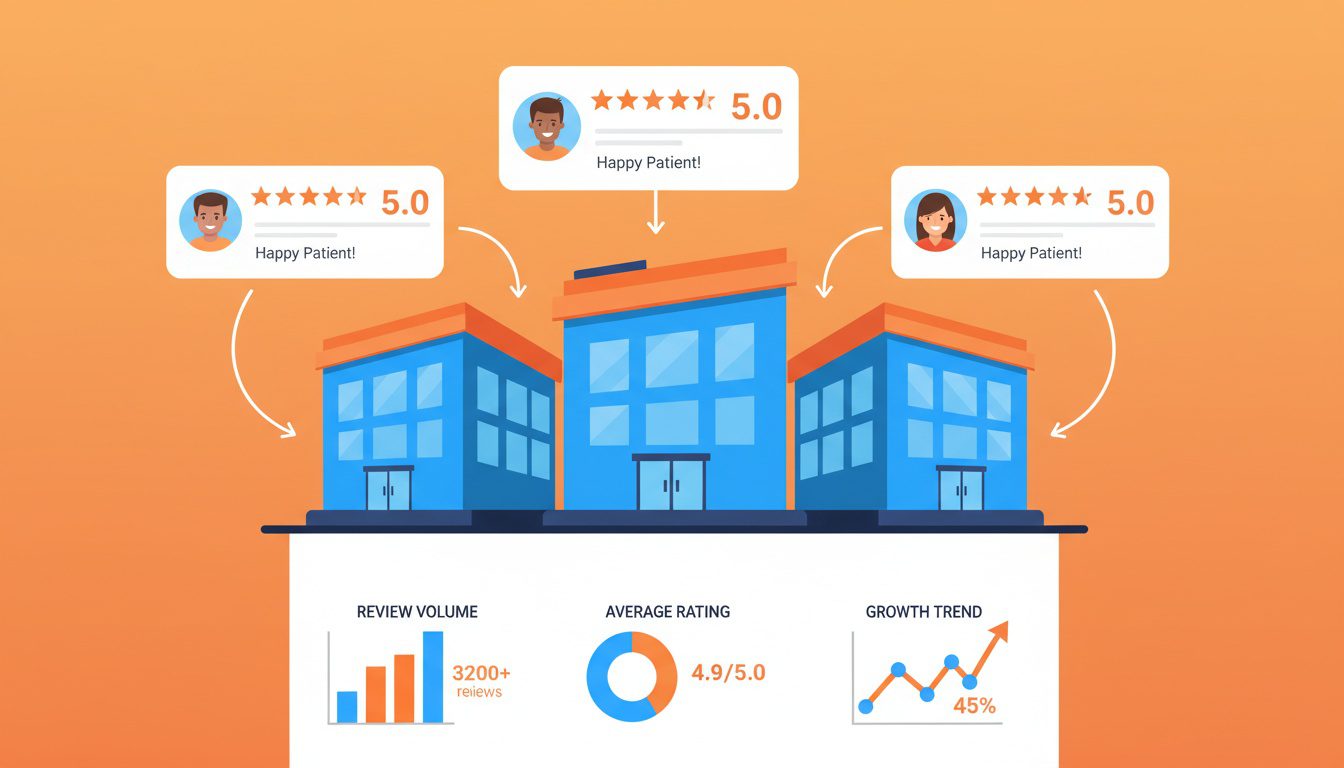 chiropractic review management strategy across multiple practice locations showing patient reviews flowing to correct offices