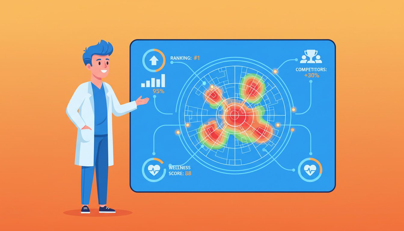 chiropractor analyzing geogrid neighborhood ranking heatmap on dashboard showing visibility gaps