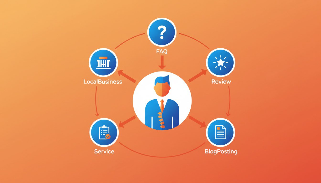 five essential schema markup types for chiropractic websites with icons