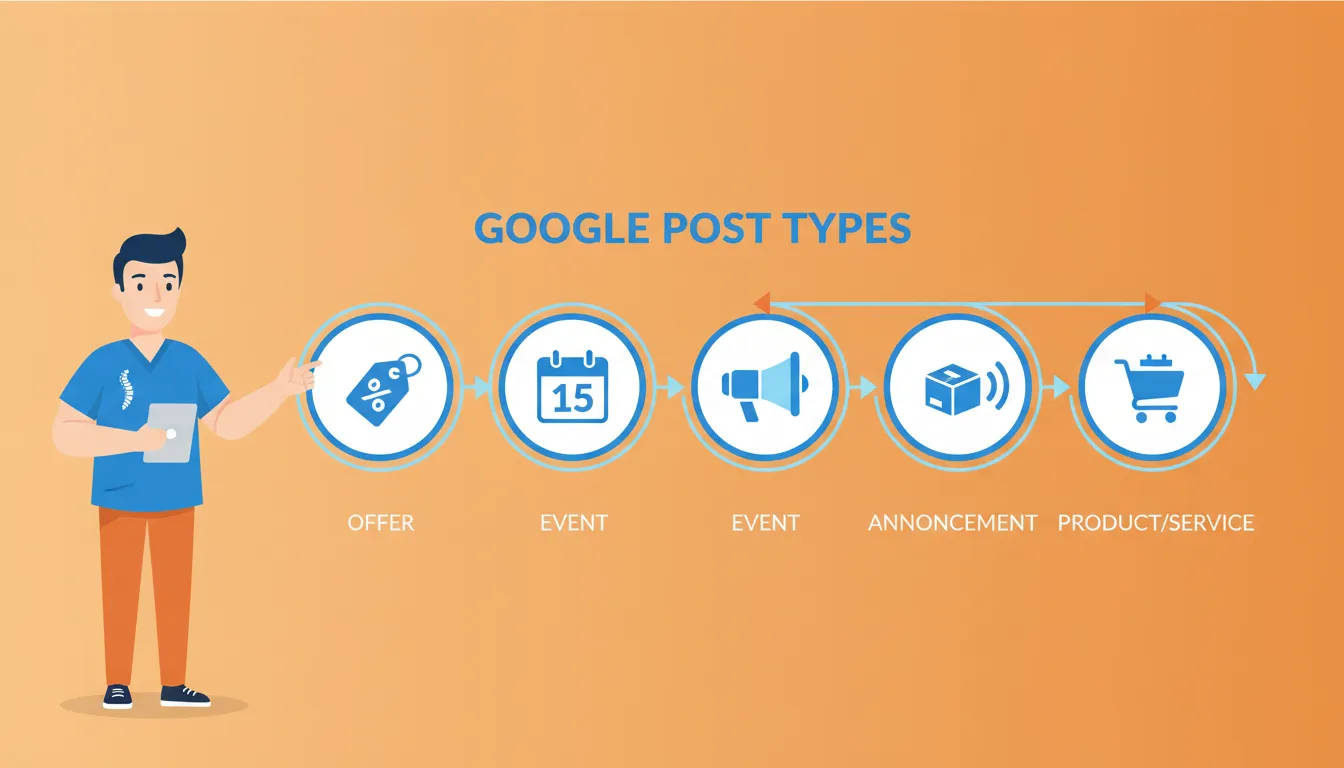 four types of Google Posts for chiropractic practices illustrated as workflow icons