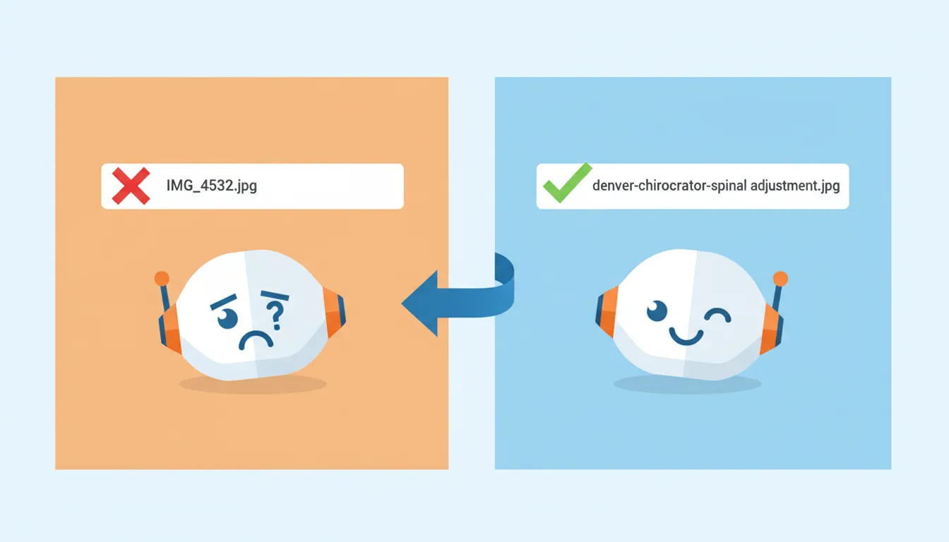 image file naming comparison showing SEO benefits of descriptive names versus generic camera filenames