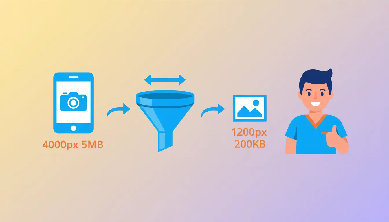 image resizing process showing phone photos reduced to proper web dimensions for chiropractic websites