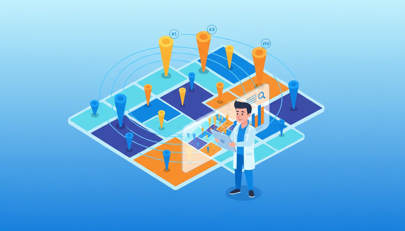 neighborhood SEO ranking visualization showing different visibility across city zones for chiropractors