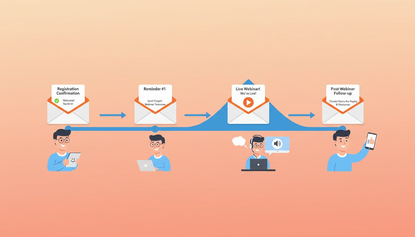 webinar email sequence workflow showing registration through follow up stages