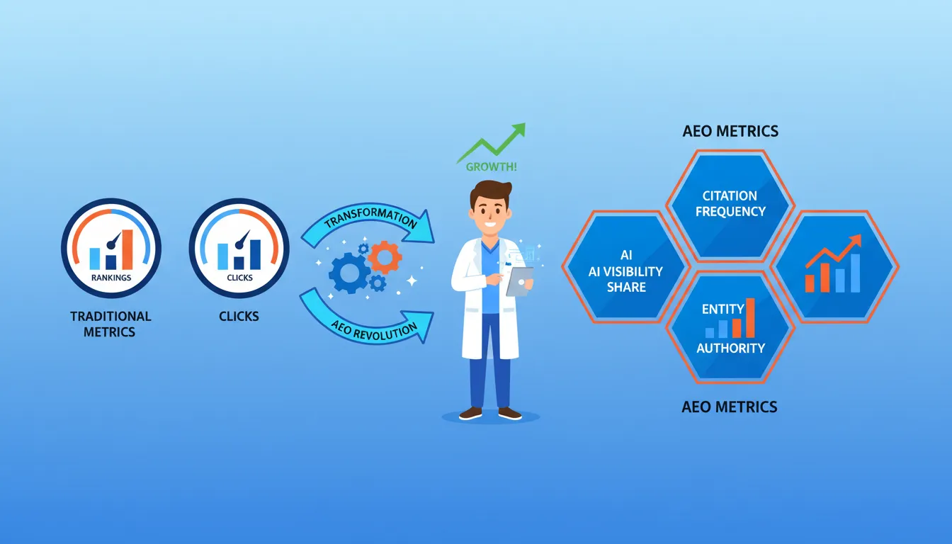 AEO success metrics dashboard showing shift from traditional SEO to AI visibility tracking