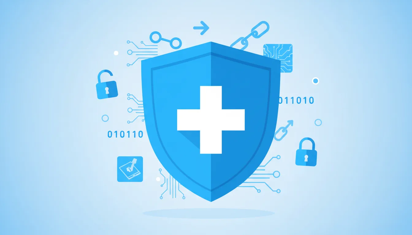 HIPAA compliance shield with medical cross and encryption security symbols