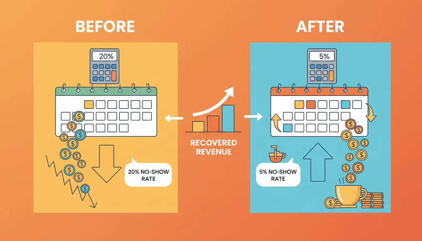 ROI comparison showing 20 percent to 5 percent no-show reduction with AI appointment reminders