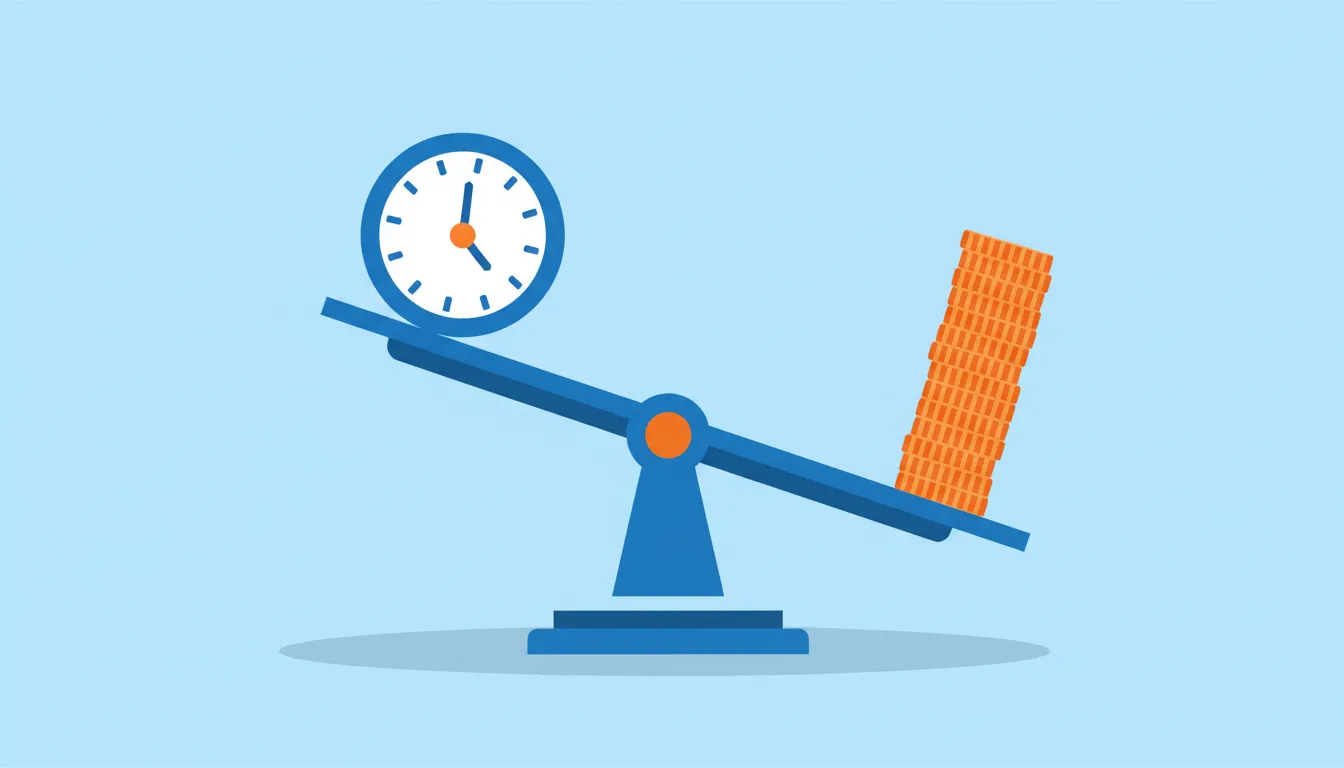 balance scale showing time versus money ROI with coins outweighing clock