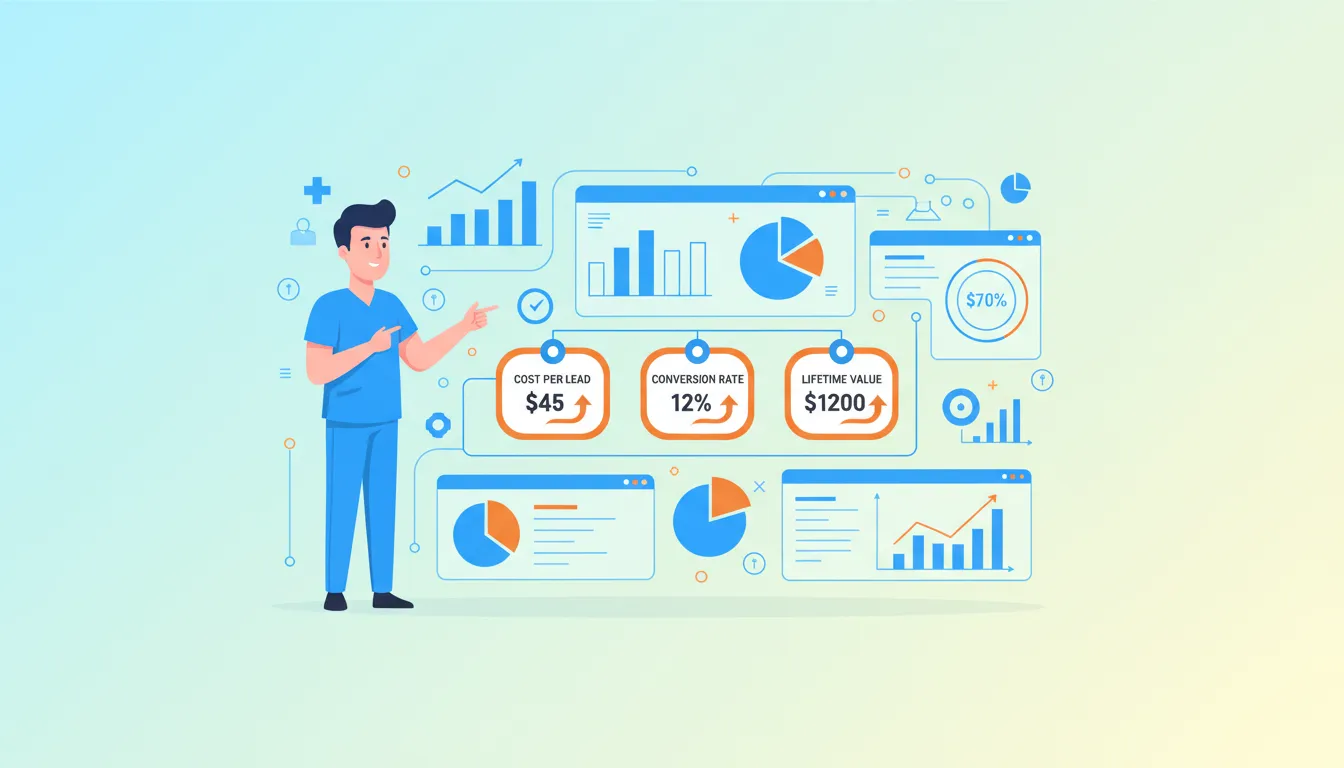 chiropractic advertising KPIs dashboard showing cost per lead conversion rate and patient lifetime value