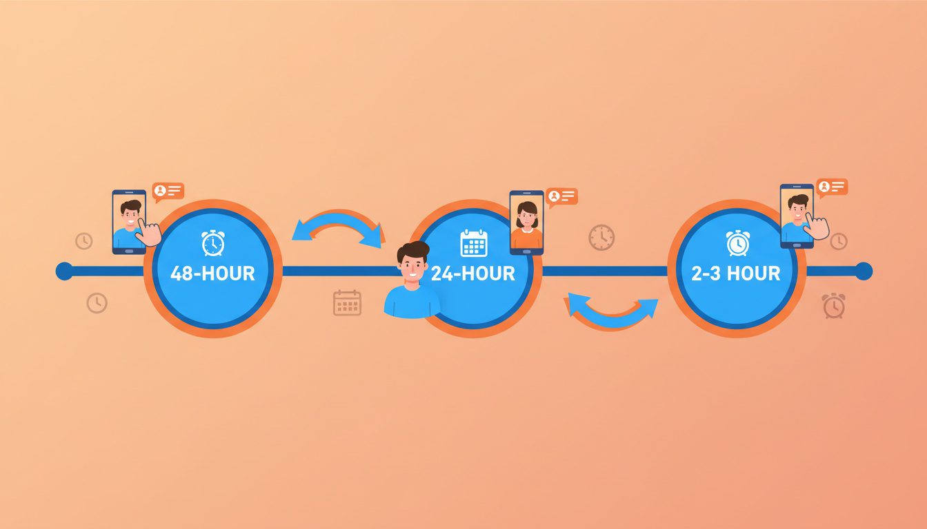 chiropractic appointment reminder sequence timeline showing three strategic touchpoints