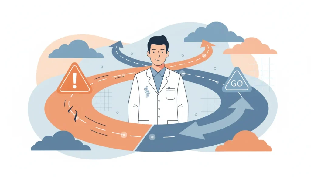 chiropractor at decision crossroads with caution and go path options