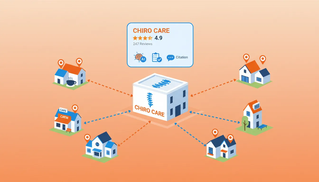 local AEO strategy showing chiropractic practice community connections and AI visibility