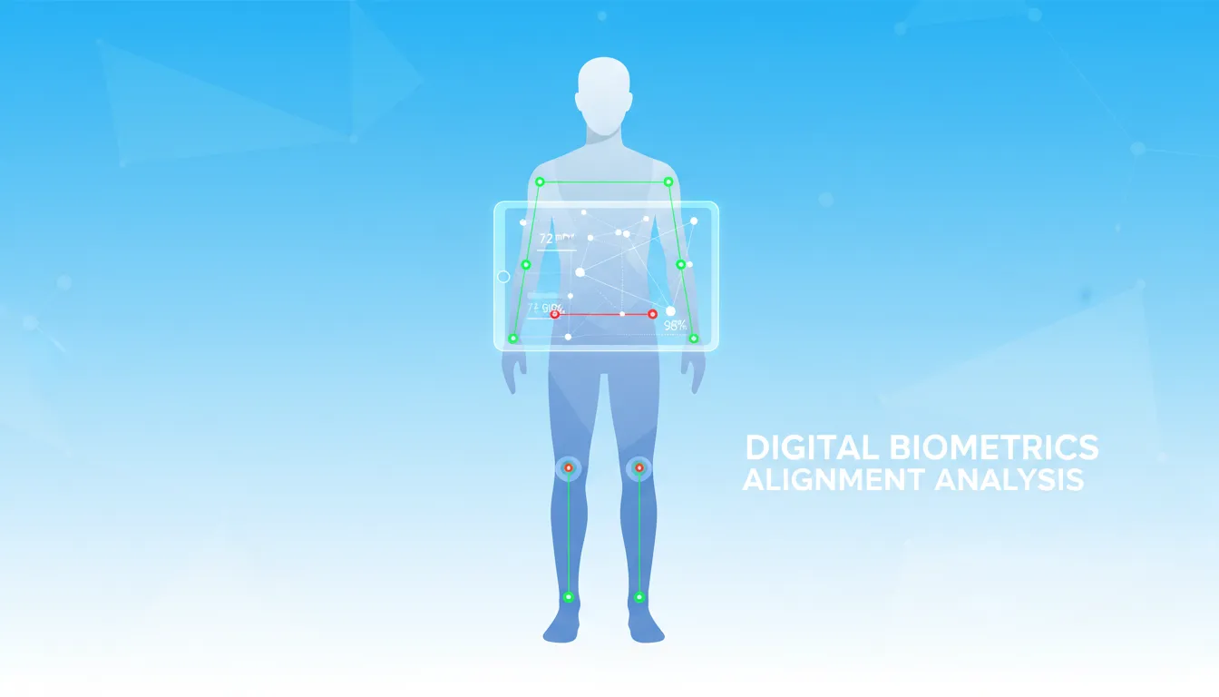 posture analysis AI showing digital human silhouette with alignment markers and data points