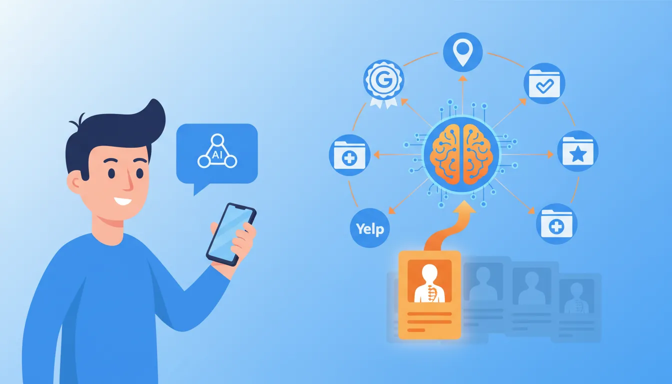 AI recommendation loop showing patient query flowing through data sources to chiropractor selection
