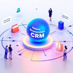 Central CRM hub connecting scheduling_ patient records_ billing_ and marketing showing integrated practice management system