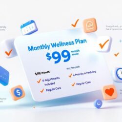 Chiropractic membership card showing monthly subscription plan with included adjustments and wellness benefits for consistent care