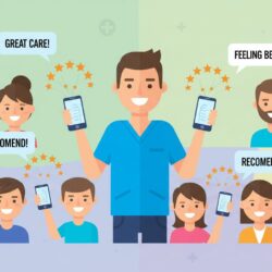 Chiropractic patients leaving Google reviews with five star ratings on mobile phones