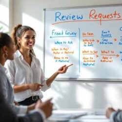 Chiropractic team training session with staff role-playing review requests and learning systematic process for consistent results