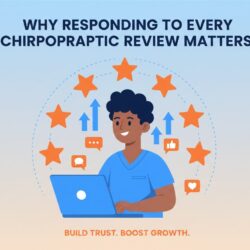 Chiropractor responding to online reviews with growth indicators and patient engagement icons