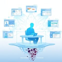 Chiropractor surrounded by interconnected software modules showing integrated practice management technology foundation