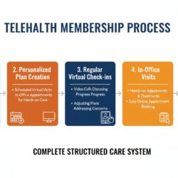Five-step telehealth membership process from assessment through virtual check-ins to ongoing support
