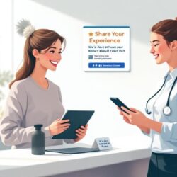 Front desk staff naturally requesting reviews from satisfied patient at checkout using QR code and simple review request system
