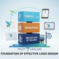 Logo design fundamentals showing simplicity, memorability, and versatility across applications