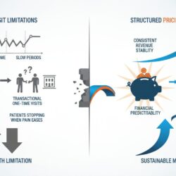 Pay-per-visit instability versus structured pricing creating consistent revenue and long-term patient care