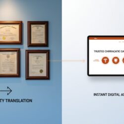 Physical office diplomas and certificates translating into digital trust badges providing instant online credibility
